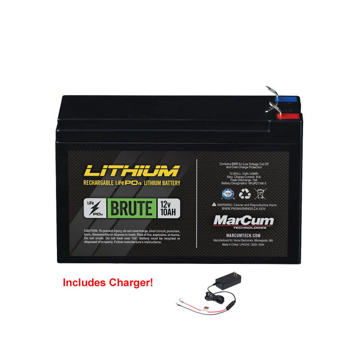 MarCum Brute Lithium 12V 10AH LIFEPO4 Battery and 3amp Charger Kit